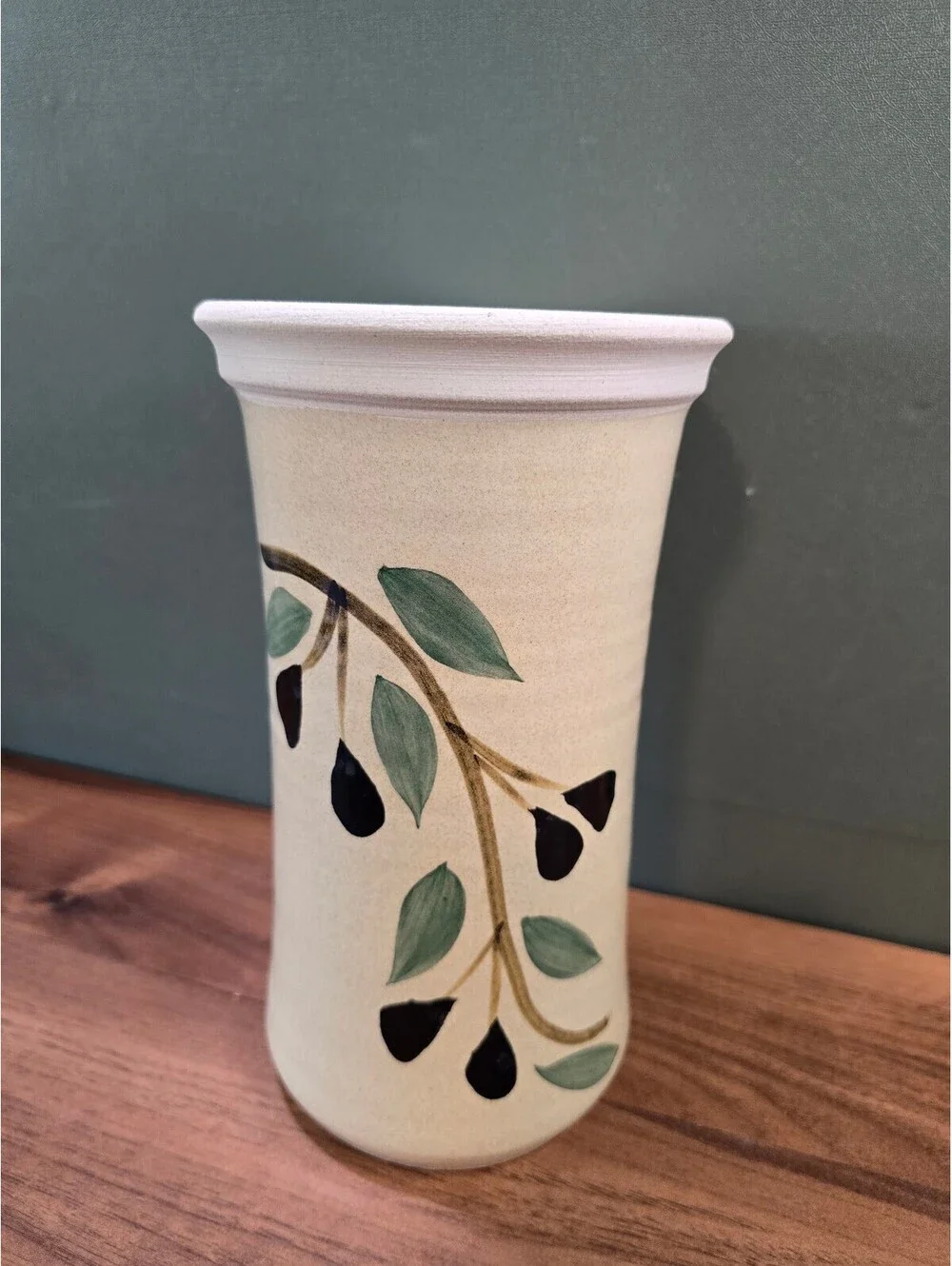 Vintage Hand Painted Olive Branch Stoneware Vase Studio Pottery